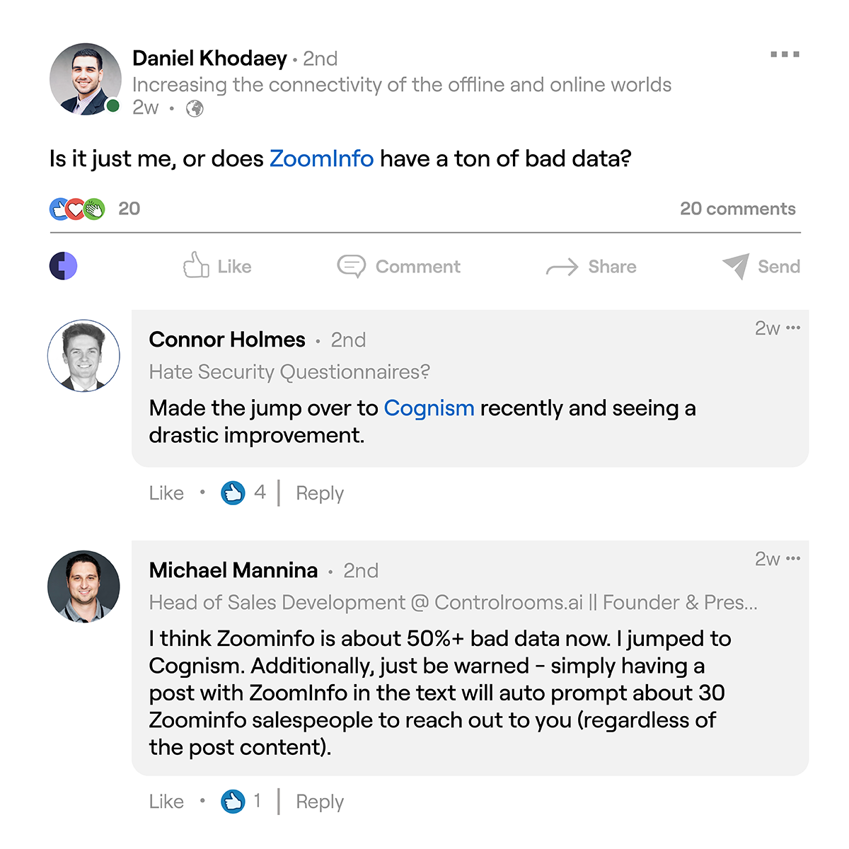 ZoomInfo linkedIn post mention.